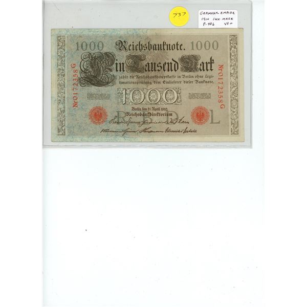 German Empire 1910 1000 Mark Reichsbanknote. P-40b. VF+.