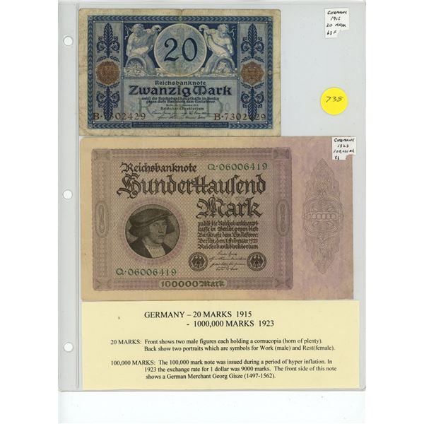 Lot of 2 German notes. 1915 World War I 20 Mark and 1923 100,000 Mark. F & VF.