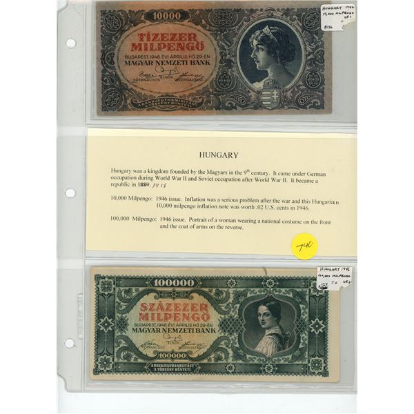 Lot of 2 Hungarian Inflationary notes. 1946 10,000 Milpengo and 100,000 Milpengo. VF+.