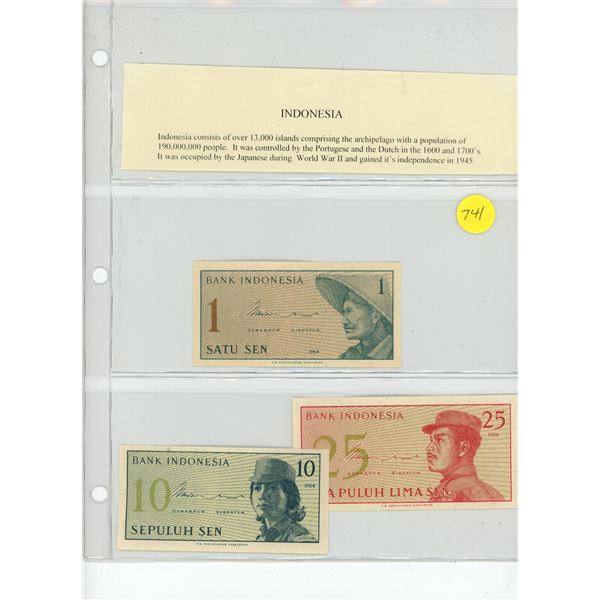 Lot of 3 Indonesia 1964 notes: 1 sen, 10 sen & 25 sen. EF-Unc.
