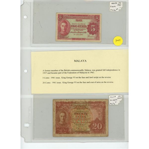 Lot of 2 Malaya World War II notes. Both depict King George VI. 1941 5 cents and 1941 20 cents. VF &