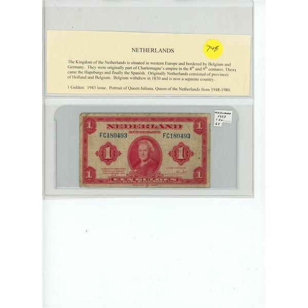 Netherlands 1943 World War II 1 Gulden note. Issued while the queen was in exile as the Netherlands 