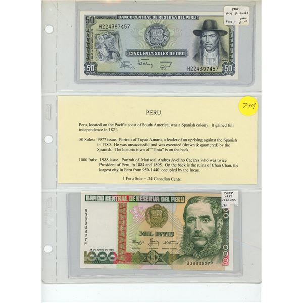 Lot of 2 Peru notes. 1977 50 Soles and 1988 1000 Intis Both Unc.