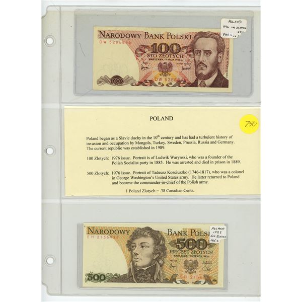 Lot of 2 Poland notes. 1976 100 Zlotych and 1982 500 Zlotych. VF & Unc.