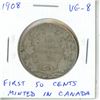 Image 1 : 1908 Canadian Silver 50 Cents. The first 50 Cents minted in Ottawa. Key Date. Mintage of 128,119. VG