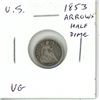 Image 2 : U.S. 1853 Arrows Silver Half Dime. Arrows beside date. VG-8.
