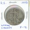 Image 1 : U.S. 1943 Walking Liberty Silver Half Dollar. World War II issue. F-12.