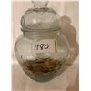Image 2 : 980 – VINTAGE GLASS FRUIT MOTIF COOKIE  JAR WITH PENNIES
