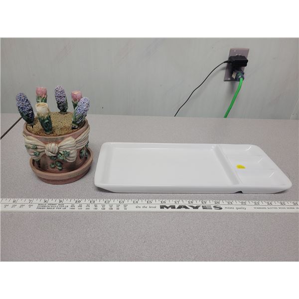 Serving dish, pickle/charcuterie dish & small kitchen utensils