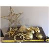 Image 1 : Large lot of vintage gold Christmas decorations.  Tree toppers, beads, door knob hangers