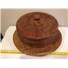 Vintage wooden cake stand, large hand carved covered plate.  15