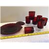 Image 1 : Lot of cranberry glass.  1 plate, 6 small glasses, 1 large glass