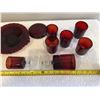 Image 2 : Lot of cranberry glass.  1 plate, 6 small glasses, 1 large glass