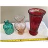 Image 1 : Lot of glass vases.  Red - 10", Pink - 9", Green - 7"