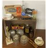 Image 2 : Wooden Crate Full of Collectibles - Lights, Tins, Irons, Jars, etc.