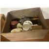 Image 5 : Wooden Crate Full of Collectibles - Lights, Tins, Irons, Jars, etc.