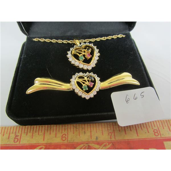 Gold Colored Necklace and Broach with Stones