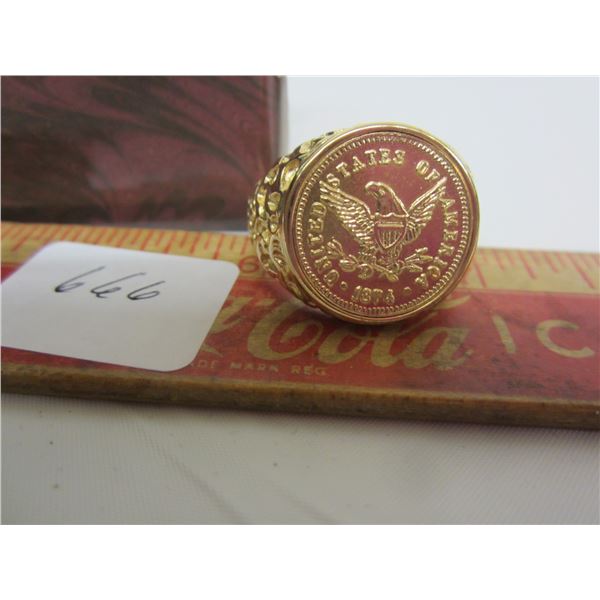 gold coloured men's ring w/ 1874 us coin design