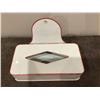 Image 1 : Vintage enamel wall mount tissue box holder, white with red trim.  Exc cond