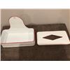 Image 2 : Vintage enamel wall mount tissue box holder, white with red trim.  Exc cond
