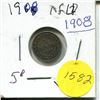 Image 1 : 1908 NFLD 5 Cent Coin VG+