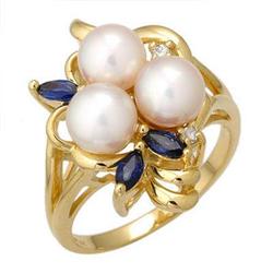 Ring Pearl, Sapphire & 0.03ctw Diamond 14K Gold Jewelry