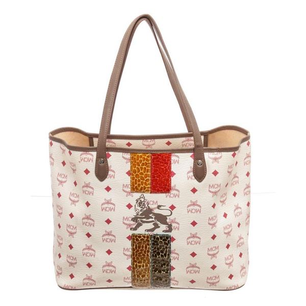 MCM Red White Lion Visetos Shopper Tote Bag