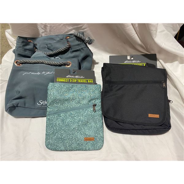 Two Eddie Bauer new travel bags abs two other bags