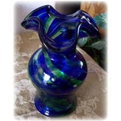Murano Cobalt & Green Swirl Art Glass Vase #2183409
