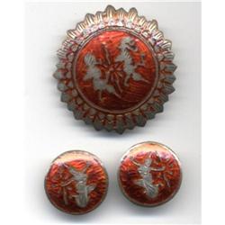 Red  Guilloche  Siam Sterling Pin & Earrings #2185593