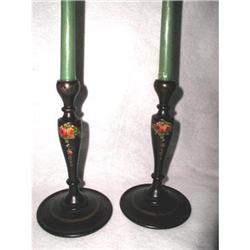 Tole Candlesticks Wooden Hand Painted C.1900 #2198455