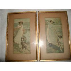 Pair Victorian Prints C.1900 Gold Silver Frame #2198460