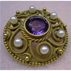 14K GOLD BROOCH - AMETHYST & SEED PEARLS #2198516