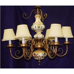 Vintage Ceramic & Bronze 6 Light Chandelier #2199344