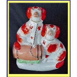 2 STAFFORDSHIRE SPANIEL DOGS ON A KEG FIGURINE #2199429