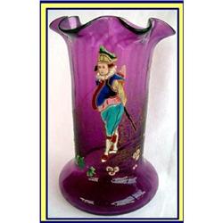 BOHEMIAN ROSSLER GLASS ENAMEL VASE w HARLEQUIN #2199445