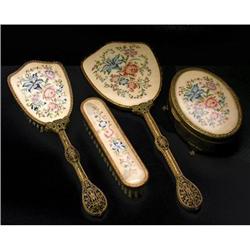 Embroidered Petit Point Silk & Brass Vanity Set#2228447