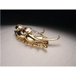Estate 14K YG Ruby Diamond Lovebirds Brooch #2228734