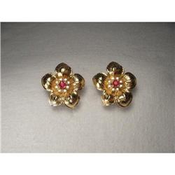 Estate 14K YG Gold Diamond Ruby Floral Earrings#2228763
