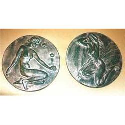 Pair of mid century pottery plaques, signed and#2228832