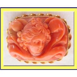 ANTIQUE VICTORIAN GOLD CARVED CORAL BROOCH #2229035