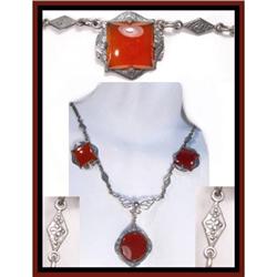 Vintage CARNELIAN etched DROP deco necklace #2239023