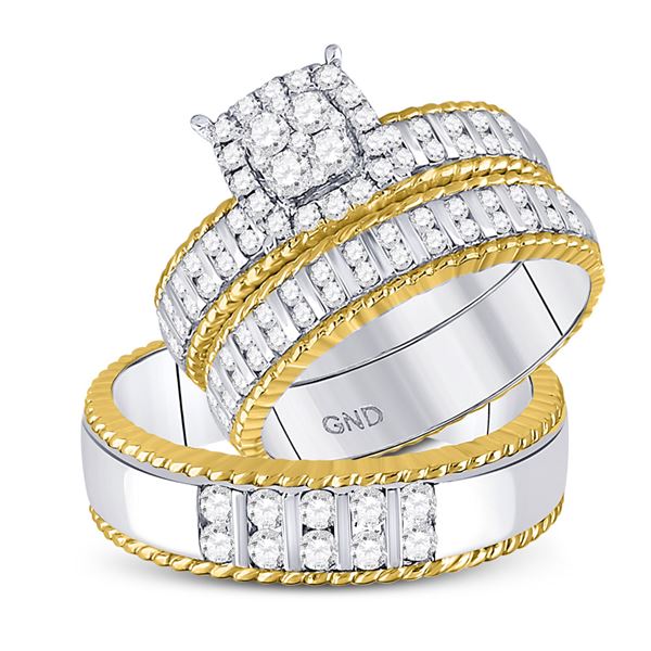 Diamond Cluster Matching Wedding Set 1 Cttw 14KT Two-tone Gold