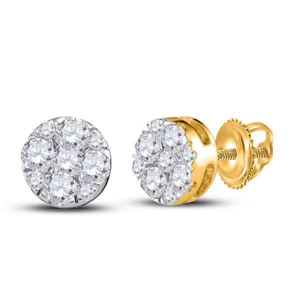 Round Diamond Flower Cluster Stud Earrings 1/2 Cttw 14KT Yellow Gold