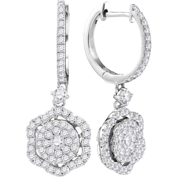 Round Diamond Hexagon Frame Cluster Dangle Earrings 1 Cttw 14KT White Gold