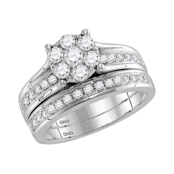 Diamond Cluster Bridal Wedding Ring Band Set 1 Cttw 14KT White Gold