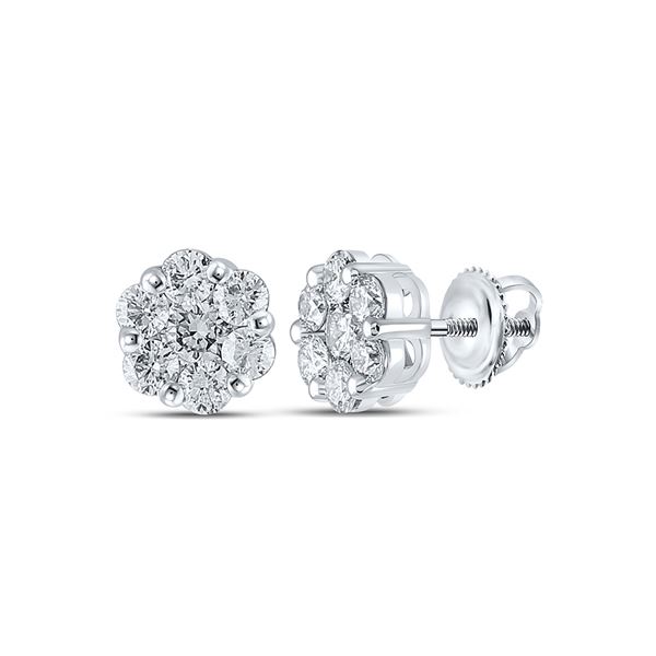 Round Diamond Flower Cluster Earrings 1-3/4 Cttw 14KT White Gold