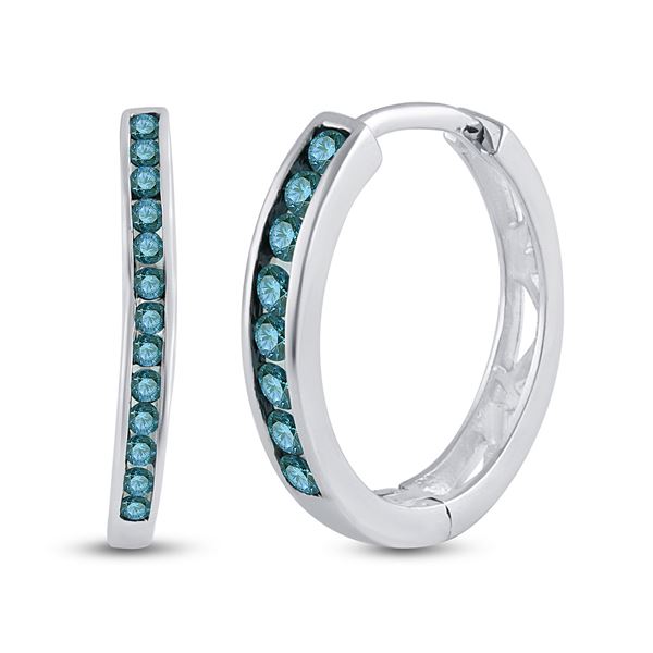 Round Blue Color Enhanced Diamond Hoop Earrings 1/4 Cttw 10KT White Gold