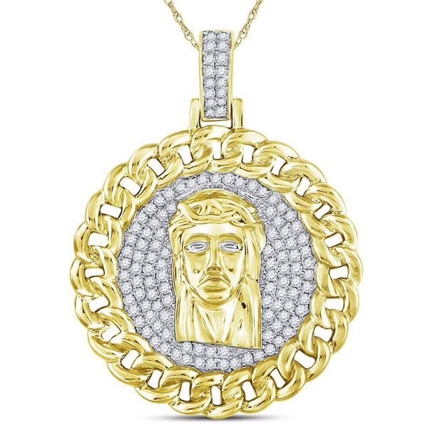 Round Diamond Cuban Link Circle Jesus Face Pendant 1 Cttw 10KT Yellow Gold