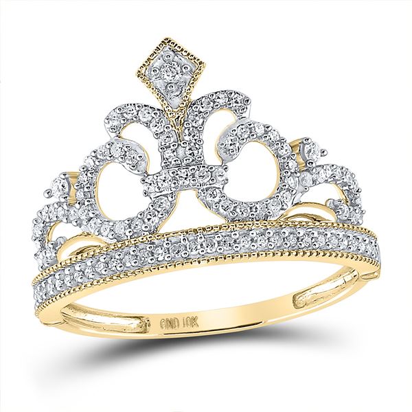 Round Diamond Fleur Crown Tiara Fashion Ring 1/5 Cttw 10KT Yellow Gold